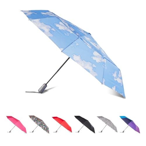 Image of totes Men's and Women's Ultimate Protection Folding Umbrella with Auto Open Close Windproof Sun Protection, CLOUDS, 47 Inches Canopy, Clear Bubble Umbrella