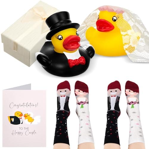 Image of Namalu Mr and Mrs Duck Gift in Box Includes 2 Wedding Dressed Ducks, 2 Pairs Wedding Couple Socks and Greeting Cards Presents for Bride and Groom Funny Engagement Gift(Classic)