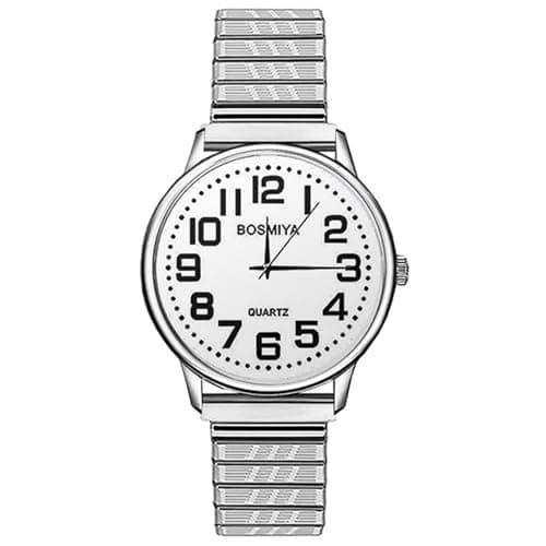 Image of Oidea Man's Easy Reader Watch: Big Face Clear Number Analog Quartz Elastic Strap Wrist Watches for Man Waterproof Dress Wristwatch White Face Silver Band