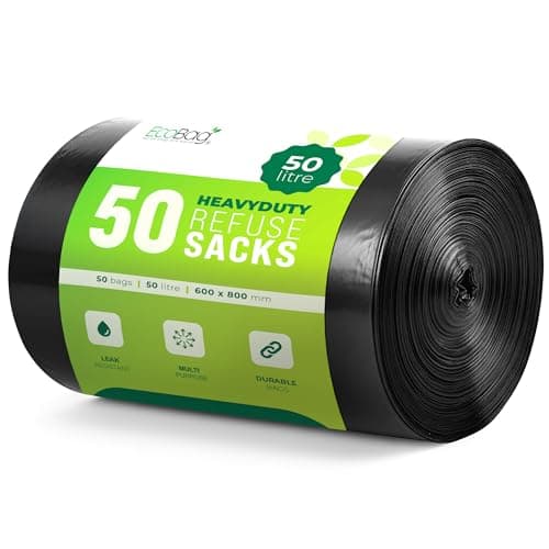 Image of EcoBag - 50 Pack Strong Heavy Duty Refuse Sacks - Recyclable Bin Bags, Leak Resistant, Eco-Friendly, Durable Waste Disposal Bags For Large Kitchen Bins, Pedal Bins, Household, 33 Micron (Μm) /50l
