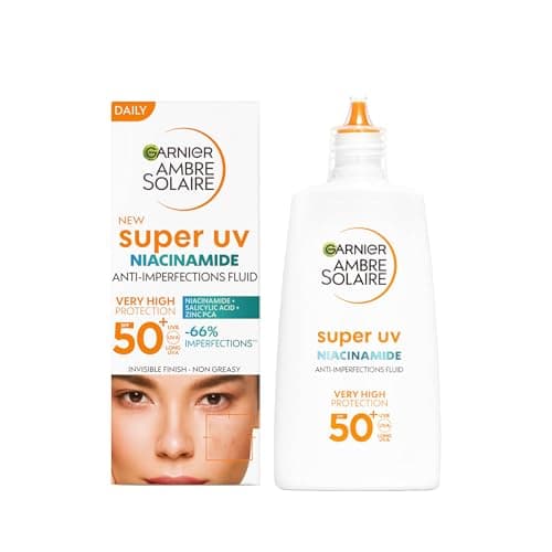 Image of Garnier Ambre Solaire Face SPF 50+, Super Daily UV Niacinamide Facial Fluid, Very High UV Protection SPF50+, For Anti-Imperfections, Invisible Finish, Dermatologically Tested, Cruelty Free (40ml)