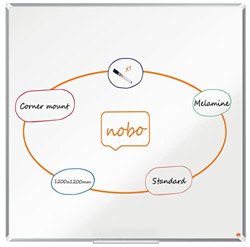 Image of Nobo Melamine Whiteboard, Non-Magnetic, 1200 x 1200mm, Aluminium Trim, Corner Wall Mounting, Includes Whiteboard Pen, Premium Plus, 120 x 120cm, White, 1915169