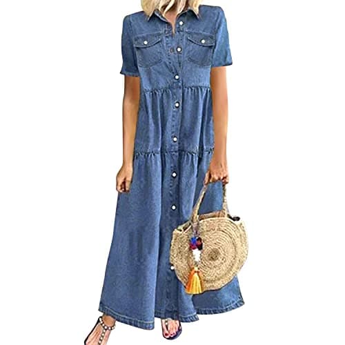 Image of Womens Summer Short Sleeve Button Down Long Denim Dress Casual Loose Fit Maxi Shirt Dress with Pockets(UK 12/Tag L) Dark Blue