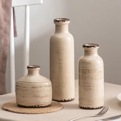 Image of Ceramic Vase Set of 3 White - Ice Creak Bud Vases Set for Flower Centerpieces Decor - Vintage Samll Vase for Pampas Grass - Modern Decoration for Home Farmhouse Table Office, Mini Vase by Lyeec