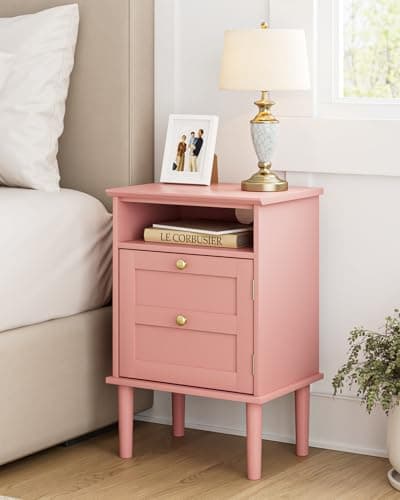 Image of HEYZOEY Wooden Bedside Cabinet with Door & Open Top Shelf – Side Table for Bedroom & Living Room,Fits Small Space (Pink 39×29×60 cm)