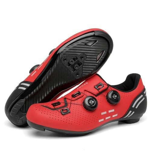Image of Hixingo Cycling Shoes for Mens Womens, Road Bike Shoes Unisex Cycle Shoes Outdoor Breathable Non-Slip MTB Road Spin Bicycle Shoes, Compatible Look SPD/SPD-SL, 3 to 12 UK Size Red