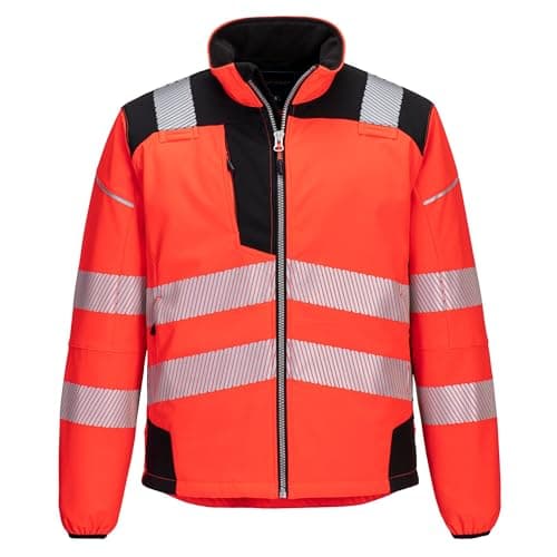 Image of Portwest T402 Men's PW3 Hi Vis Safety Jacket - Windproof Water Resistant High Visibility Reflective Softshell Jacket Red/Black, Medium