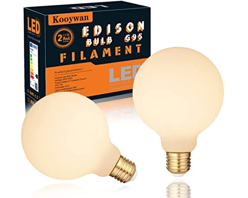 Image of KOOYWAN E27 LED Light Bulb,8W Edison Bulb Opal Frosted White Globe Shape Glass Dimmable Vintage Filament 2500K Warm White G95 for Decorative Home Lighting (Pack of 2 LED Bulb)
