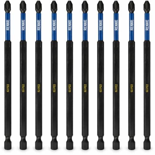Image of 10 x Rennie Tools 150mm Long PZ2 Impact Screwdriver Driver Bits Set. Heavy Duty PoziDriv POZI No.2 Magnetic Screwdriver Bit Set. PZ2 Impact Driver Bits Pozidrive Screw Accessories. Black Oxide Coated