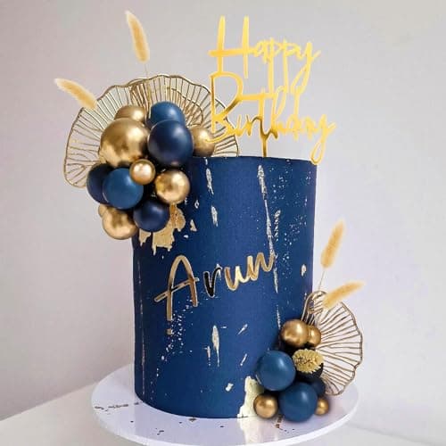 Image of Boho Cake Topper Gold Blue Balls Cake Decorations Palm Leaves Boho Grass for Wedding Birthday Boho Themed Party Supplies (Blue)