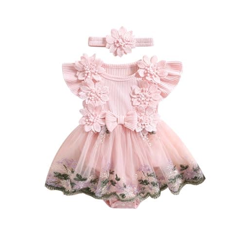 Image of Lshyuehao Baby Girls Rompers Dress Round Neck Floral Embroidery Mesh Skirt Hem Infant Bodysuits Jumpsuits with Headband Baby Girl Clothes (A-Pink, 12-18 Months)