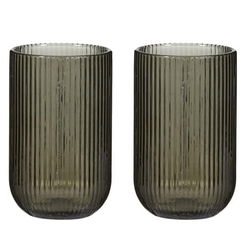 Image of Dibor Set of 2 Grey/Black Tinted Embossed Ribbed Glass Highball Tumblers (DK53)