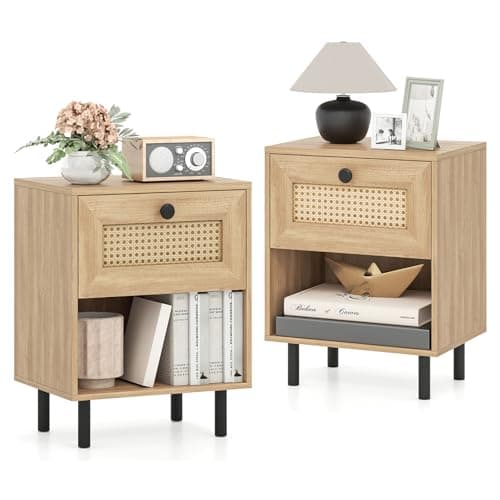 Image of COSTWAY Rattan Bedside Table, Wooden Nightstand End Sofa Side Table with Drawer, Open Storage Shelf and Metal Legs, Accent Bedside Cabinet for Living Room Bedroom, 40x30x52cm (2PCS, Natural)