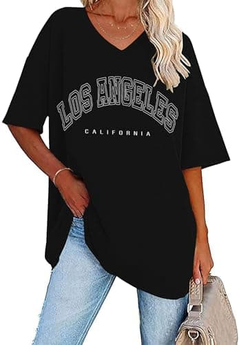 Image of WNEEDU Women Summer T Shirts V Neck Loose Casual Ladies Plus Size Tops Short Sleeve Tee Black Los Angeles 3XL