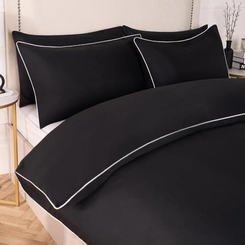 Image of OHS Double Duvet Cover Set Piped Edge, Soft Cosy Warm Fabric Timeless White Piped Design Luxury Microfibre Bedding Set & 2 Pillowcases, White/Black-Double