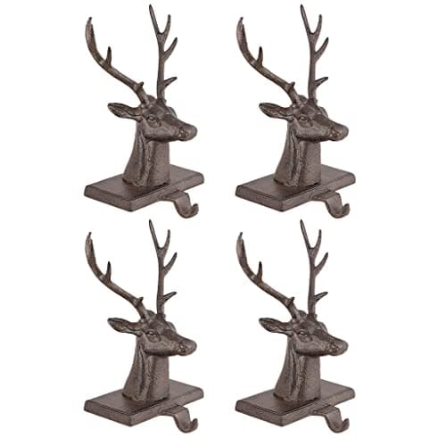 Image of Dibor Set of 4 Stocking Holders Cast Iron Reindeer Christmas Stocking Holder Hanging Hooks - 1.5kg Recycled Metal Xmas Stocking Holder