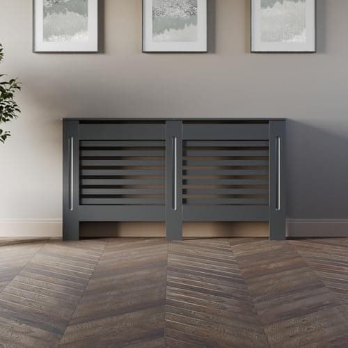 Image of DuraTherm® Radiator Cover Anthracite Grey Painted Modern Horizontal Slat Shelves MDF Cabinet Shelf for Radiators, Living Rooms, Bedrooms, Large (W: 152cm / H: 81.5cm / D: 19cm)