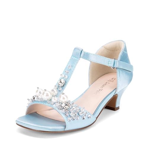 Image of DREAM PAIRS Girls Sandals Ankle Strap T-Strap Low Heel Pearl Bow Flower Pump Dress Wedding Party Shoes for Little Kid/Big Kid,Size 2 Big Kid,Light Blue,KKUMHS2501