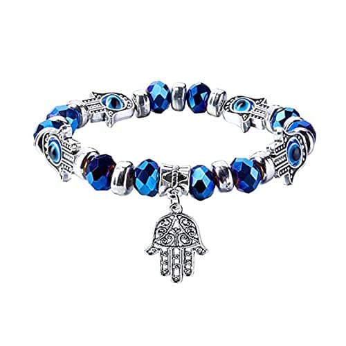 Image of Wendalern Evil Eye Hamsa Bracelet Crystal Beaded Fatima Hand Bracelet Stretch Sideway Blue Eye Hamsa Hand Bracelet Turkish Lucky Evil Eye Bracelet Jewelry for Women and Men