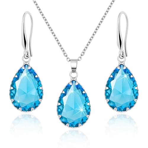 Image of Linawe Silver Jewellery Sets for Women, Aquamarine Blue Necklace and Earring Set, Birthstone Crystal Imitation Diamond Pendant Necklace Set, Tear Drop Earrings Jewellery Set Costume