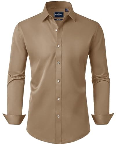 Image of DEMEANOR Mens Dress Shirts - Long Sleeve, Slim Fit, Non-Iron, Formal & Casual Dark Khaki