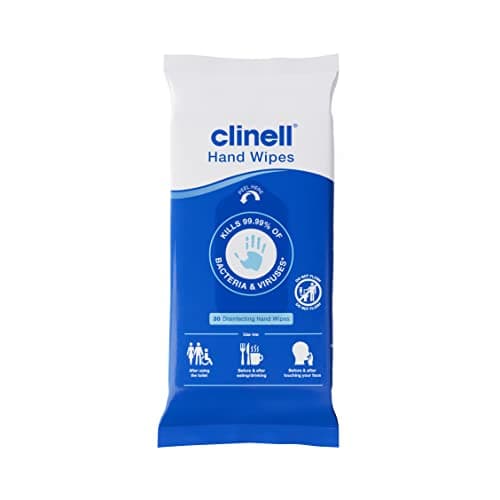 Image of Clinell Antimicrobial Hand Wipes - Sanitising for Cleaning & Disinfecting, Travel-Friendly - Dermatologically Tested, Kills 99.99% of Bacteria & Viruses - Pack of 30, Blue