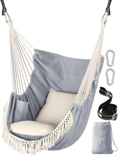 Image of Chihee Hammock Chair Hanging Swing 2 Seat Cushions Included,Strong Webbing Straps and Hooks for Easy Hanging Soft Cotton Weave Hanging Chair Side Pocket Large Tassel Chair Set Comfort Indoor Outdoor