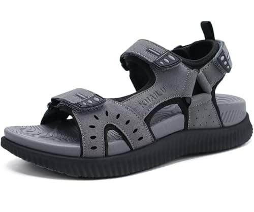 Image of KuaiLu Mens Leather Hiking Sandals with Arch Support Orthopedic Sport Recovery Athletic Walking Sandals For Man Outdoor Summer Casual Thick Cushion Beach Water Fisherman Sandal, size 11 Grey