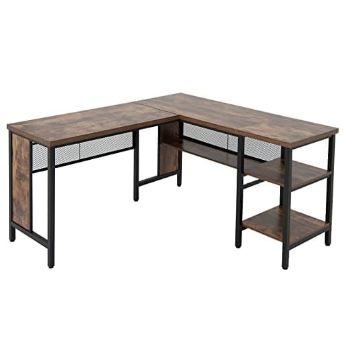 Image of COSTWAY L-Shaped Computer Desk, Industrial Large Corner Writing Workstation PC Laptop Table with 3 Storage Shelves, Metal Frame Wooden Home Office Study Gaming Desk, 150 x 140 x 75cm (Rustic Brown)