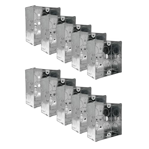Image of Evoges Single Metal Back Box, 35mm, 1 Gang, 1.0mm Thickness for Electrical Sockets Switches, BS4662 Standard, 20mm & 25mm Knockouts, Adjustable Lug, Brass Terminal (Pack of 10)