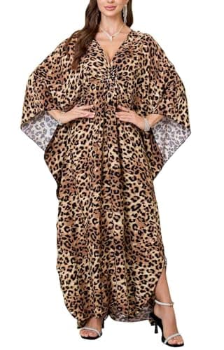 Image of Orshoy Ladies Swimsuit Bikini Cover Ups Loose Maxi Kimnono Kaftans Bohe Caftan Tunic Dresses Free Size Brown Leopard