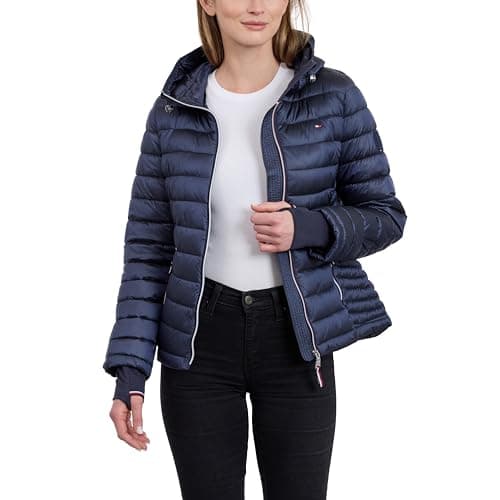 Image of Tommy Hilfiger Ladies Lightweight Packable Puffer Jacket with Hood and Pocket, Dark Navy, L
