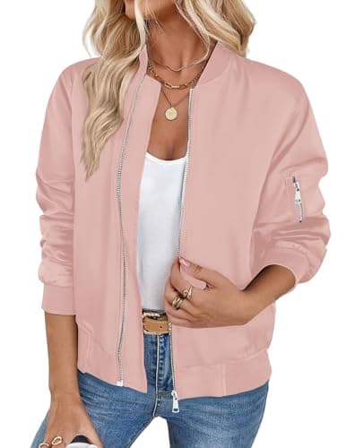 Image of Zeagoo Bomber Jacket for Women Elegant Zip Transition Jackets Short Lightweight Flight Jackets Autumn Long Sleeve Jacket with Pockets Pink XL