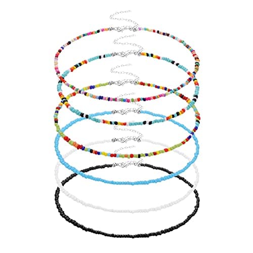 Image of Yolev 6 Pieces Colorful Tiny Seed Beaded Necklace Boho Beads Choker Seed Beaded Choker Necklace Beach Necklace Chain Jewelry for Women Teen Girls