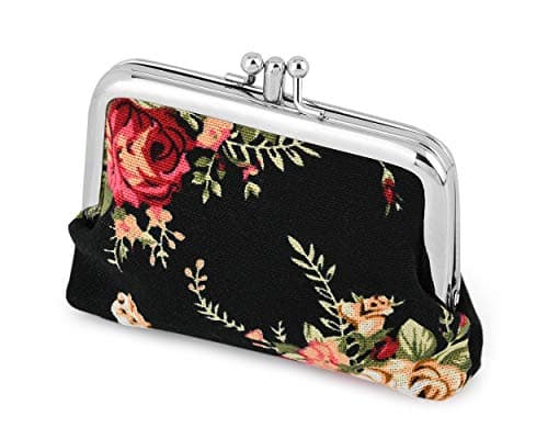 Image of SCSpecial Coin Purses Floral Kiss-Lock Change Pouch Canvas Clasp Closure Wallet for Women - Black
