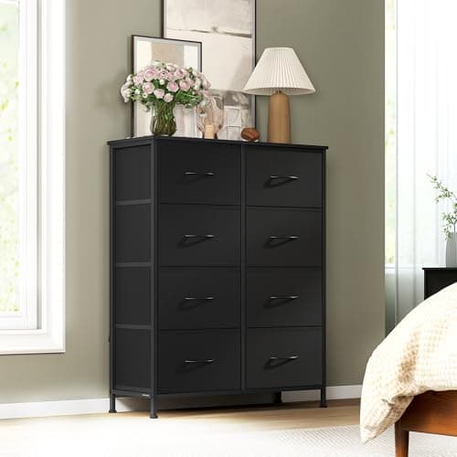 Image of SONGMICS Chest of Drawers, 8 Fabric Drawers Storage Unit, Steel, MDF, Non-Woven Fabric, for Bedroom, Closet, Hallway, Living Room, Ink Black and Ebony Black LGS124BH03