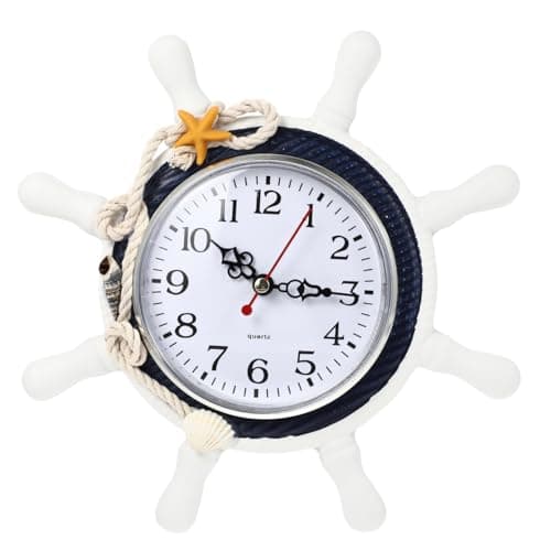 Image of WINOMO Mediterranean Wall Clock Steering with Rope Wheel Nautical Silent Wall Clock Beach Sea Theme Ticking Nautical Beach s