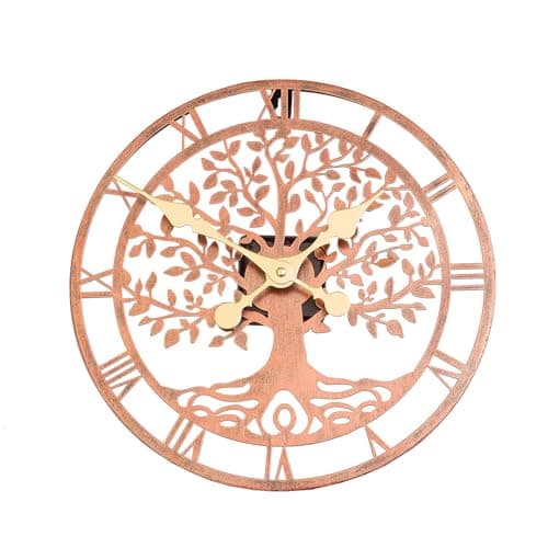 Image of Coopers of Stortford - Tree of Life Garden Clock for Fence, Wall or Shed - Rustic Metal Outdoor Clock with Gold Hands, Battery Operated