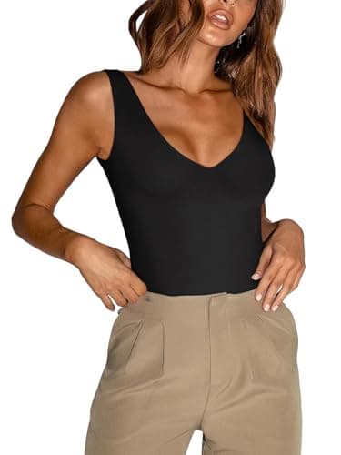 Image of REORIA Women's Summer Sexy Plunge Deep V Neck Sleeveless Double Lined One Piece Tank Tops Thong Bodysuits Leotards for Going Out Black Small
