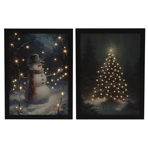 Image of YöL Set of 2 Fibre Optic Canvas Art Snowman Christmas Tree Winter Wonderland Light Up LED