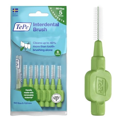 Image of TePe Interdental Brush, Original, Green, 0.8mm/ISO 5, 8pcs, Plaque Removal, efficient Clean Between The Teeth, Tooth Floss, for Small Gaps