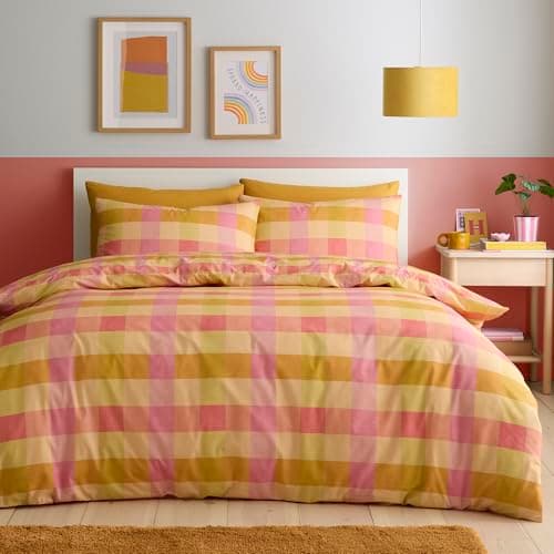 Image of Fusion Block Check Orange Duvet Cover Set Double 200 x 200cm – Easy Care Check Bedding with Modern Block Design, Includes 2 Pillowcases