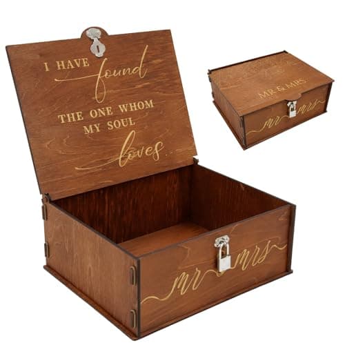 Image of Cvkwe Mr and Mrs Wooden Wedding Memory Box, Brown Wedding Keepsake Boxes for Presents, Picture Letter, 25.7 x 20.9 x 10.2 cm Lockable Storage Box Keepsake with Engraved Pattern for Friends Lover Gift