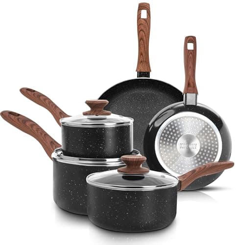 Image of Kichly Non-Stick Granite 8 Pcs Cooking Pots and Pans Set Nonstick Cookware Induction Hob pan Set with 20cm, 28cm Frying Pan Set and 20cm,18cm & 16cm Saucepan Set with Lids