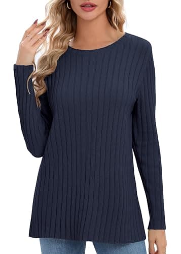 Image of Urban CoCo Women's Lightweight Crewneck Pullover Sweaters Long Sleeve Fall Knitted Sweater Tops, Navy Blue, S