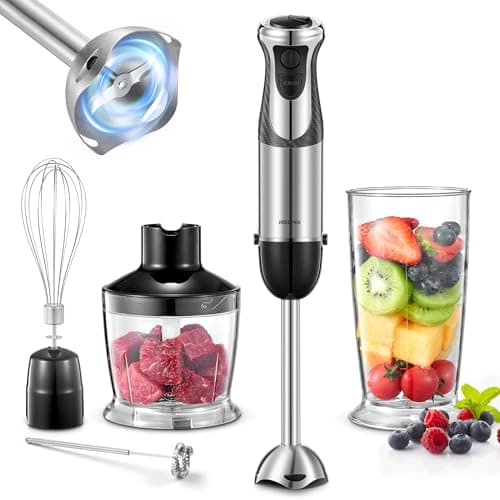 Image of Hand Blender 1000W, Reemix 5-in-1 Electric Stick Blender, Copper Motor Stainless Steel Blade Stick Blender Mixer with Turbo Mode, Mixing Beaker, Chopper, Whisk, Milk Frother (Black2)