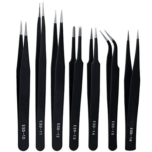 Image of ZHIYE Precision ESD Anti-Static Tweezers, 7 pcs Stainless Steel Tweezers Set for Electronics, Jewelry-Making, Laboratory Work, Repairing, Hobbies