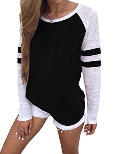 Image of Famulily Women's Long Sleeve Baseball Tee Shirt Crew Neck Colorblock Striped Tops(Black,Large)