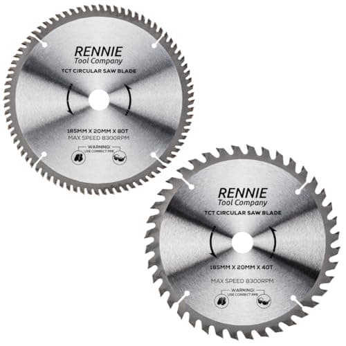 Image of 2 Pack - 185mm x 20mm Bore x 40T & 80T TCT Saw Blades. 185mm Circular Saw Blades For Fine Cuts x 20mm Bore + 16mm Bore Reduction Rings Fits Evolution Bosch Makita Ryobi Dewalt Circular Saws Etc