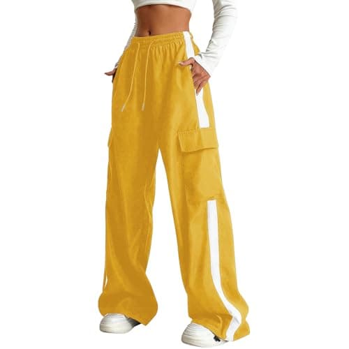 Image of BFYSFBAIG Girls Wide Leg Joggers Color Block Kid‘s Boys Cargo Trousers with Elasticated Waist & Multi Pockets, Straight Leg Striped Baggy Pants for 5-6 Years Yellow